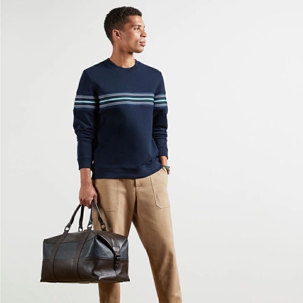 Ted Baker London Sumo Crewneck Sweatshirt Navy Blue Striped Long Sleeve